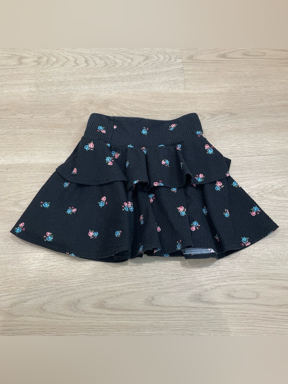 chic Black Tiered Skirt with Pink & Teal Floral Accents